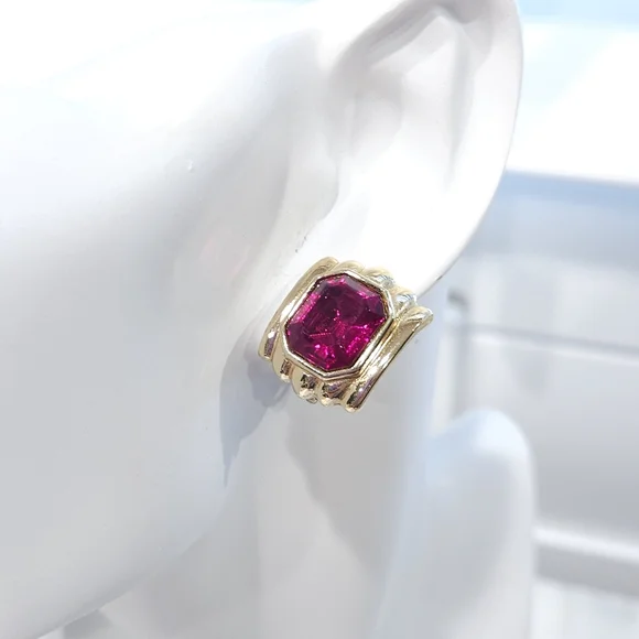 Vintage Givenchy Red Rhinestone Faux Ruby Gold Tone Clip On Earrings - Picture 3 of 16